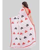 DESH BIDESH Women`s Bengali Khesh Pure Cotton Handloom Saree Tri Flower Designed With Blouse Piece (White Red Black)